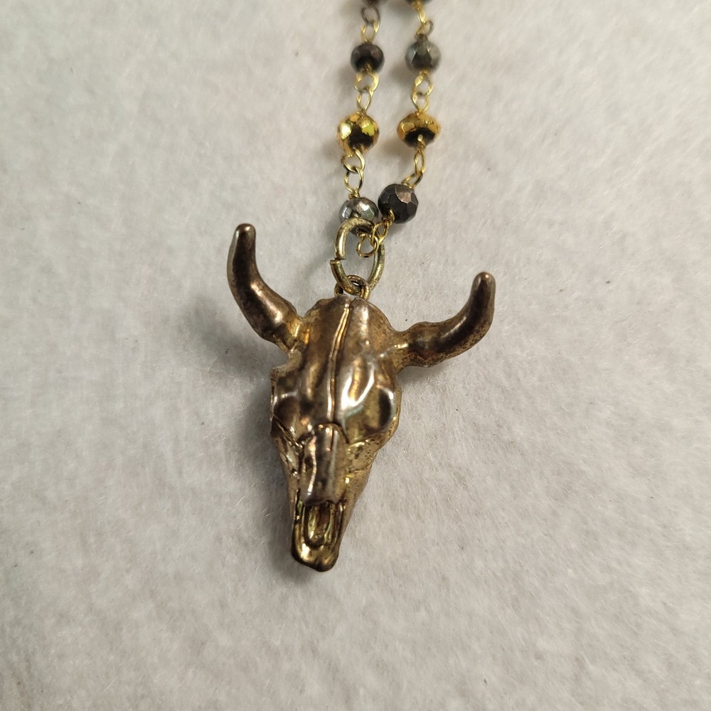 Gold Tone Bull Skull Pendant Necklace Black Crystal Beads Western Gothic Boho